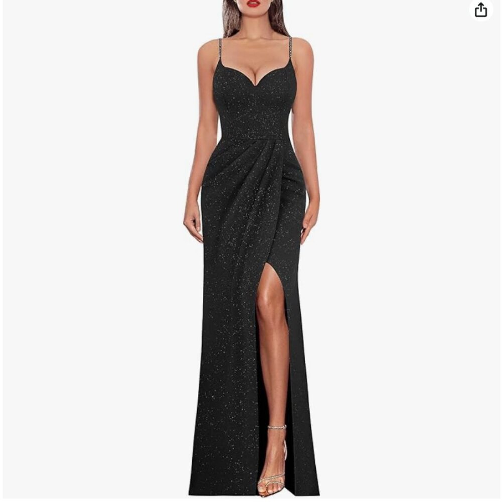 VFSHOW Formal Ruched Bodycon Maxi Evening Gown (Black, S)